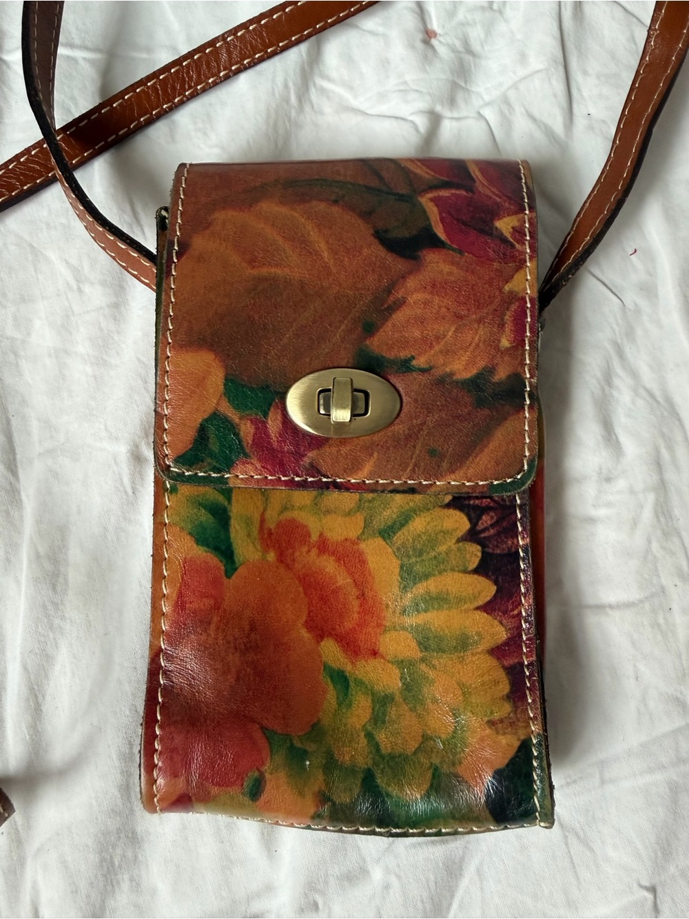 Patricia Nash Brown Floral Leather Crossbody Bag with Multicolor Accents